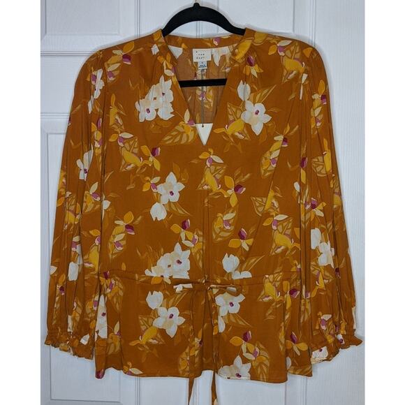 A New Day Brown White Floral V Neck Poet Ruffle Cuff Tunic Top XS & S - Picture 1 of 16